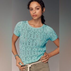 Anthropologie - Blue/Green- Crochet Stitched Knitted T-Shirt